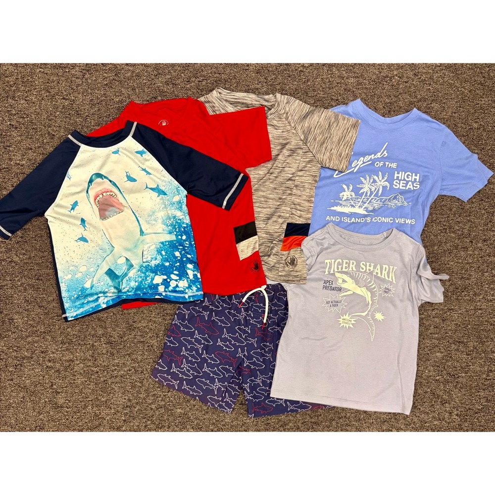 Body Glove Stitch & Stone Boys Size 6 Summer Shark Swim Trunks Rash Guard Bundle